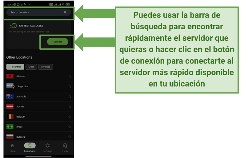 Screenshot of the IPVanish Android app showing the server location selection screen